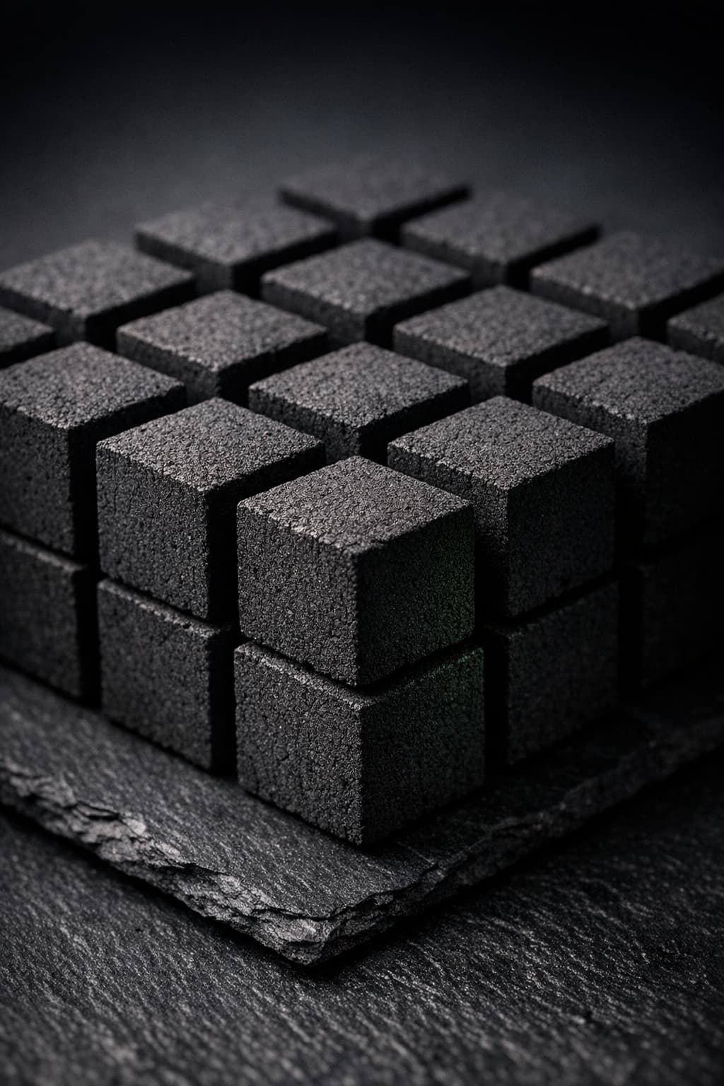 Premium Bioak Gold Shisha charcoal cubes arranged in a grid on a dark slate surface with dramatic studio lighting