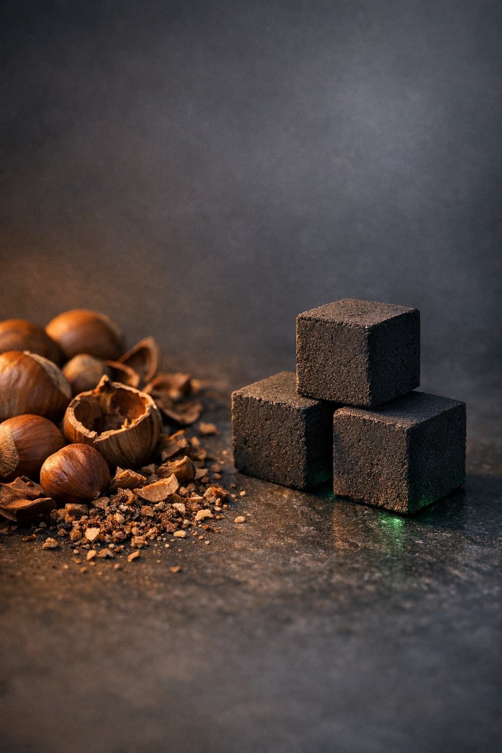 Hazelnut shells beside premium Bioak Gold shisha charcoal cubes on a dark graphite surface, showing the natural to refined transformation