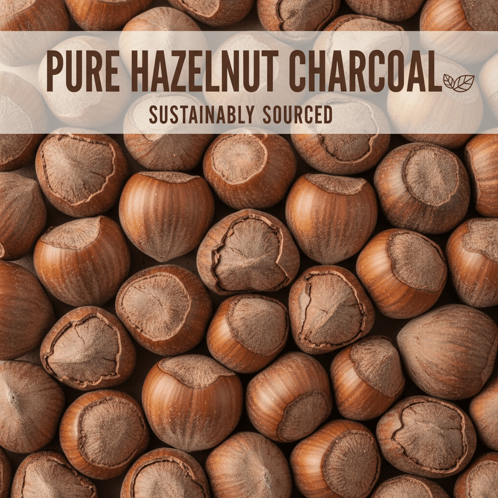 Close-up of natural hazelnut shells used in sustainable charcoal production